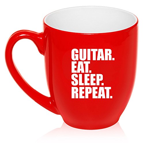 16 oz Large Bistro Mug Ceramic Coffee Tea Glass Cup Guitar Eat Sleep Repeat (Red)