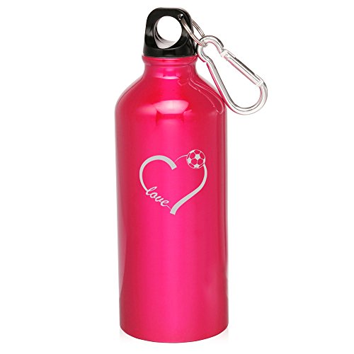 20oz Aluminum Sports Water Bottle Caribiner Clip Love Soccer Heart (Hot Pink)