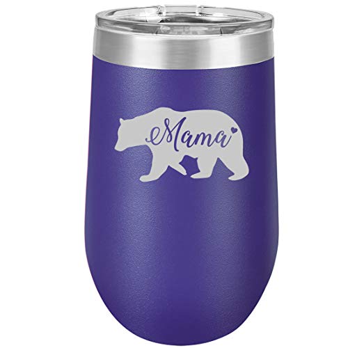 16 oz Double Wall Vacuum Insulated Stainless Steel Stemless Wine Tumbler Glass Coffee Travel Mug With Lid Mama Bear Mom Mother (Purple)