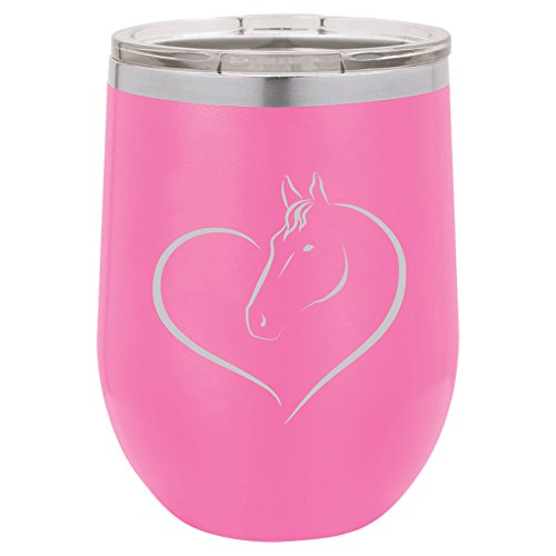 12 oz Double Wall Vacuum Insulated Stainless Steel Stemless Wine Tumbler Glass Coffee Travel Mug With Lid Heart Horse (Hot-Pink)