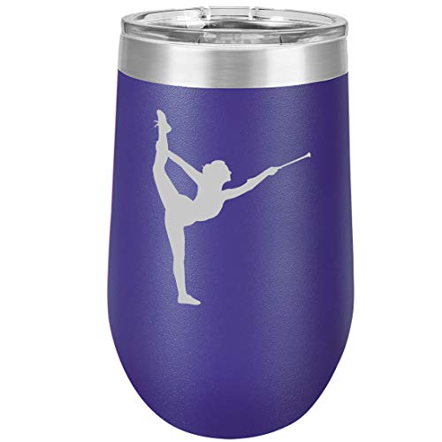 16 oz Double Wall Vacuum Insulated Stainless Steel Stemless Wine Tumbler Glass Coffee Travel Mug With Lid Female Gymnast Twirling Baton Gymnastics (Purple)