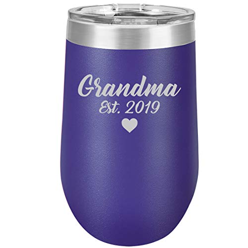16 oz Double Wall Vacuum Insulated Stainless Steel Stemless Wine Tumbler Glass Coffee Travel Mug With Lid Grandma Est 2019 Grandmother (Purple)