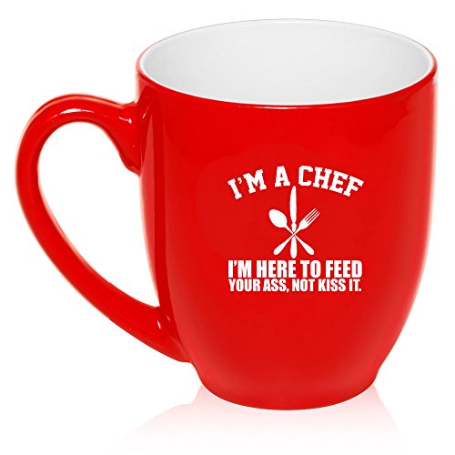 16 oz Large Bistro Mug Ceramic Coffee Tea Glass Cup Chef Here To Feed You (Red)