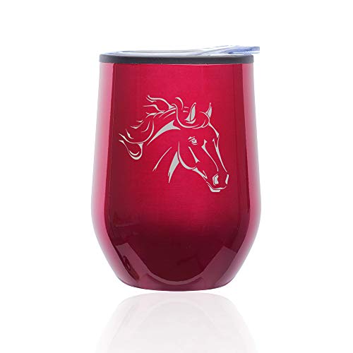 Stemless Wine Tumbler Coffee Travel Mug Glass With Lid Horse Head (Fuchsia)