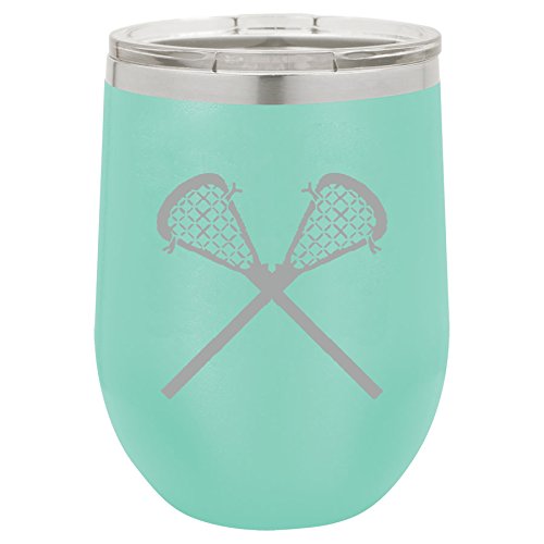 12 oz Double Wall Vacuum Insulated Stainless Steel Stemless Wine Tumbler Glass Coffee Travel Mug With Lid Lacrosse Sticks (Teal)