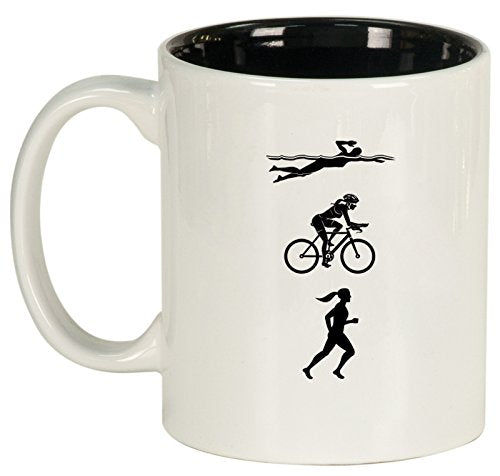 Ceramic Coffee Tea Mug Cup Female Triathlon Swim Bike Run (White)