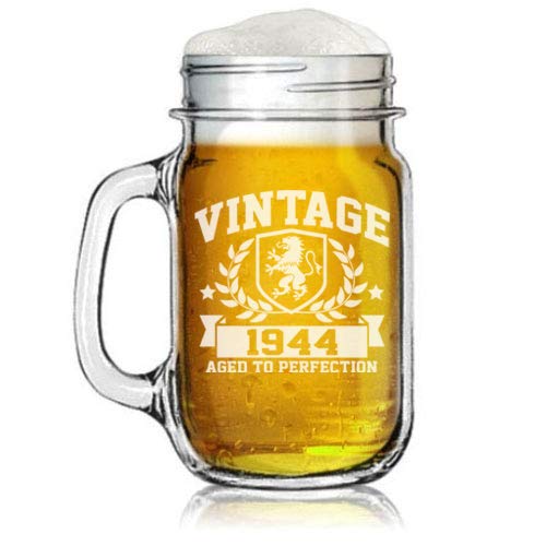 16oz Mason Jar Glass Mug w/Handle Vintage Aged To Perfection 1944 75th Birthday