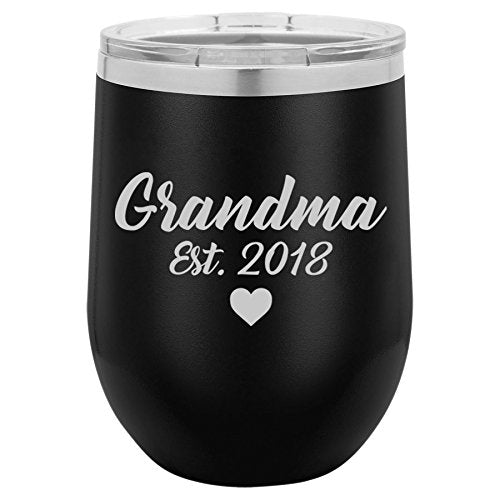 12 oz Double Wall Vacuum Insulated Stainless Steel Stemless Wine Tumbler Glass Coffee Travel Mug With Lid Grandma Est 2018 Grandmother (Black)