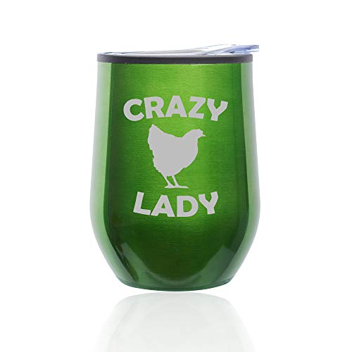 Stemless Wine Tumbler Coffee Travel Mug Glass With Lid Crazy Chicken Lady (Green)