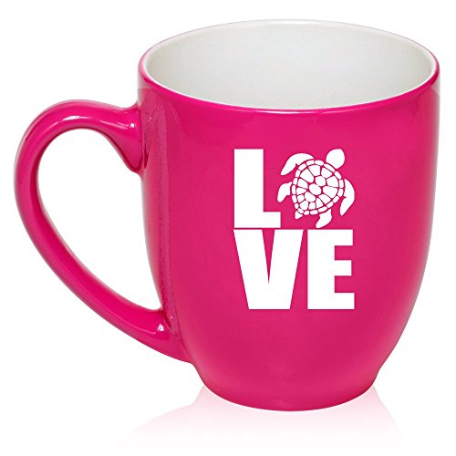 16 oz Large Bistro Mug Ceramic Coffee Tea Glass Cup Love Sea Turtle (Hot Pink)