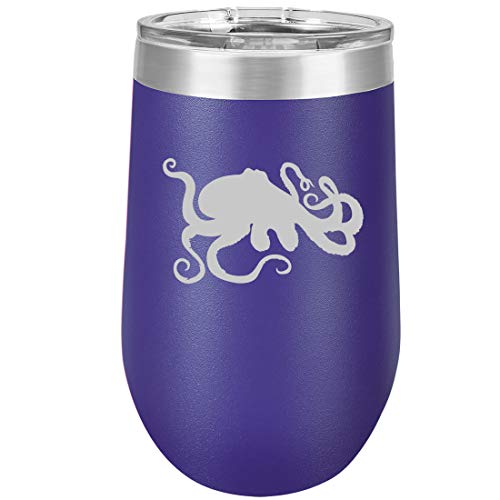 16 oz Double Wall Vacuum Insulated Stainless Steel Stemless Wine Tumbler Glass Coffee Travel Mug With Lid Octopus And Tentacles (Purple)