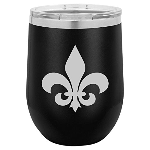 12 oz Double Wall Vacuum Insulated Stainless Steel Stemless Wine Tumbler Glass Coffee Travel Mug With Lid Fleur-De-Lis (Black)