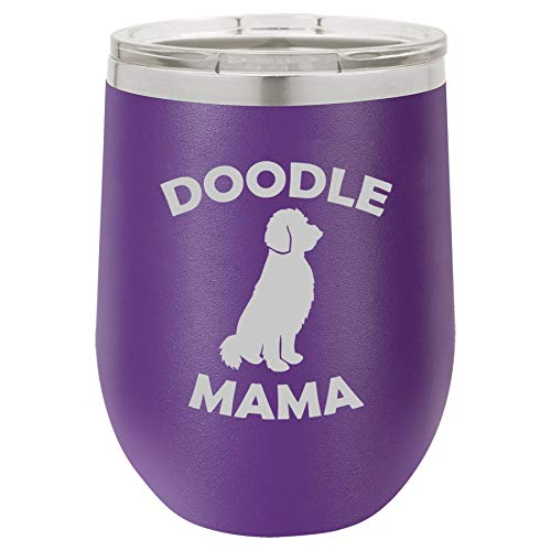 12 oz Double Wall Vacuum Insulated Stainless Steel Stemless Wine Tumbler Glass Coffee Travel Mug With Lid Doodle Mama (Purple)