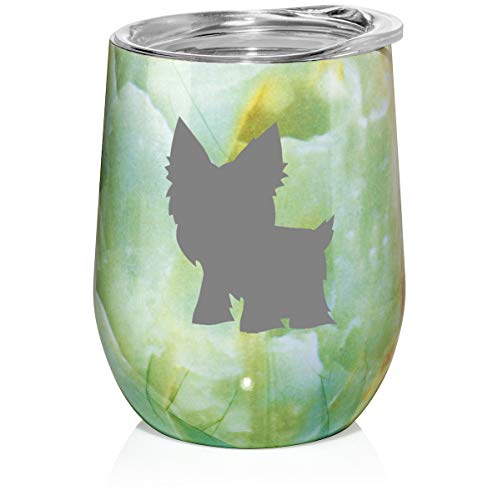 12 oz Double Wall Vacuum Insulated Stainless Steel Marble Stemless Wine Tumbler Glass Coffee Travel Mug With Lid Yorkie (Turquoise Green Marble)