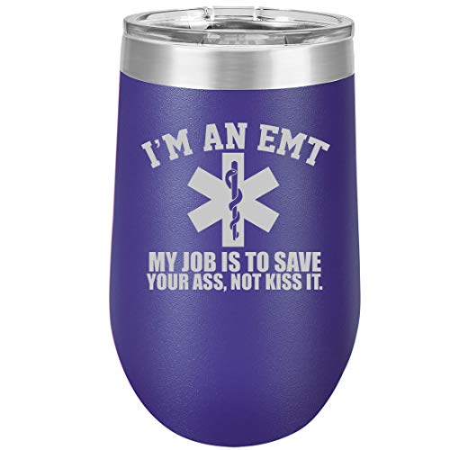16 oz Double Wall Vacuum Insulated Stainless Steel Stemless Wine Tumbler Glass Coffee Travel Mug With Lid EMT Job Is to Save You (Purple)