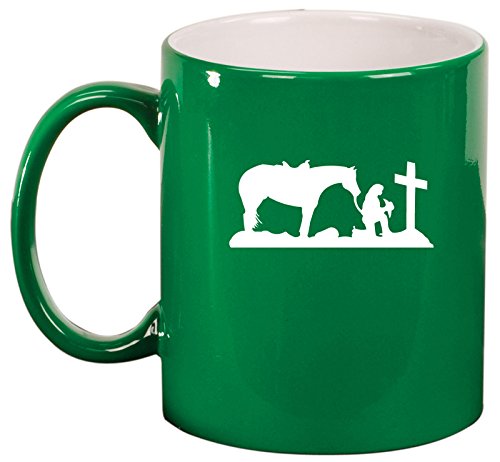 Ceramic Coffee Tea Mug Cup Cowgirl Praying Cross Horse (Green)