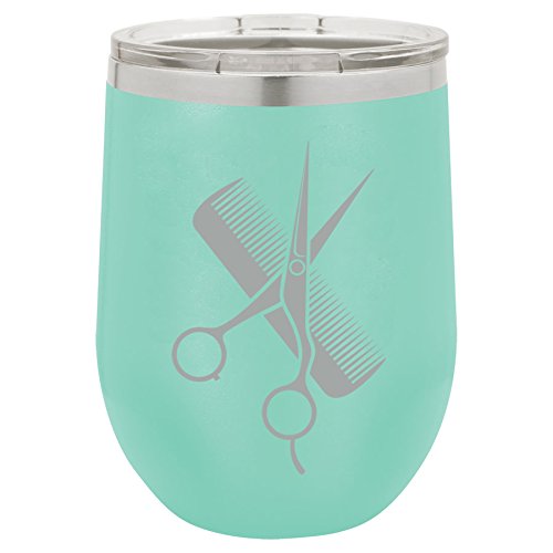 12 oz Double Wall Vacuum Insulated Stainless Steel Stemless Wine Tumbler Glass Coffee Travel Mug With Lid Hair Cutting Dresser Scissors Comb (Teal)