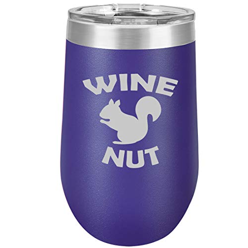 16 oz Double Wall Vacuum Insulated Stainless Steel Stemless Wine Tumbler Glass Coffee Travel Mug With Lid Wine Nut Squirrel Funny (Purple)