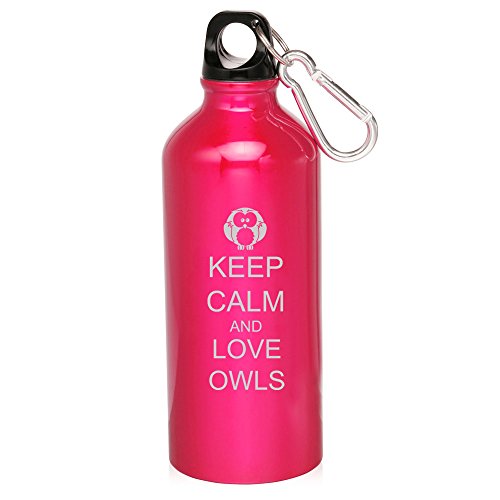 20oz Aluminum Sports Water Bottle Caribiner Clip Keep Calm and Love Owls (Hot Pink)