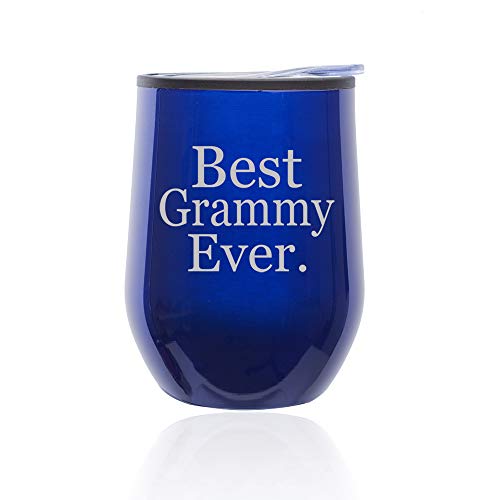 Stemless Wine Tumbler Coffee Travel Mug Glass With Lid Best Grammy Ever Grandma Grandmother (Blue)