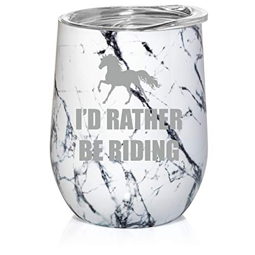 12 oz Double Wall Vacuum Insulated Stainless Steel Marble Stemless Wine Tumbler Glass Coffee Travel Mug With Lid I'd Rather Be Riding Horse (Black White Marble)