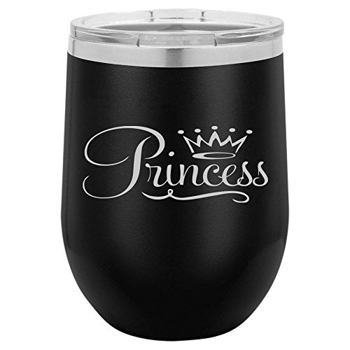 12 oz Double Wall Vacuum Insulated Stainless Steel Stemless Wine Tumbler Glass Coffee Travel Mug With Lid Princess Fancy (Black)