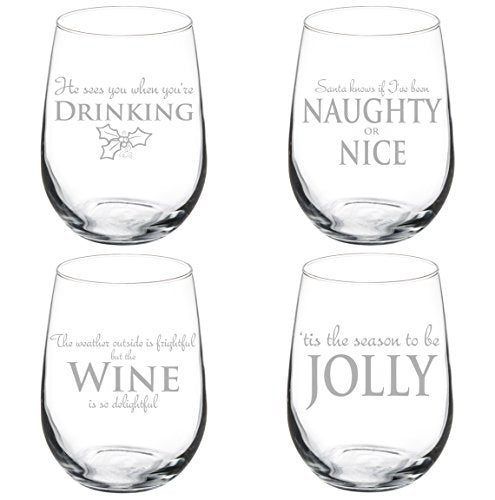 Set of 4 Christmas Collection Wine Glass Goblet (17 oz Stemless)