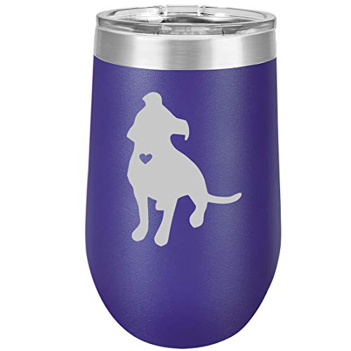 16 oz Double Wall Vacuum Insulated Stainless Steel Stemless Wine Tumbler Glass Coffee Travel Mug With Lid Cute Pit Bull With Heart (Purple)