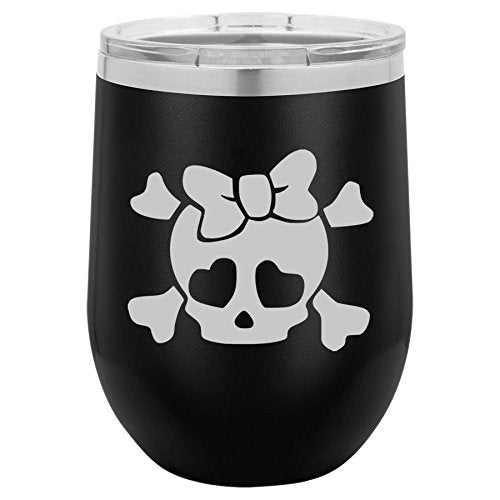 12 oz Double Wall Vacuum Insulated Stainless Steel Stemless Wine Tumbler Glass Coffee Travel Mug With Lid Heart Skull Bow (Black)