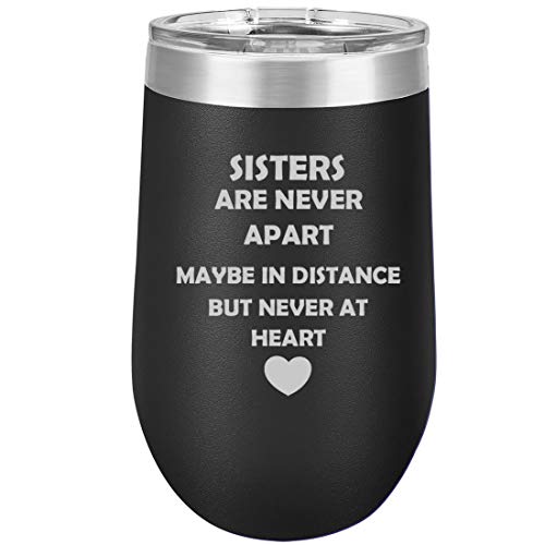 16 oz Double Wall Vacuum Insulated Stainless Steel Stemless Wine Tumbler Glass Coffee Travel Mug With Lid Sisters Long Distance Love (Black)