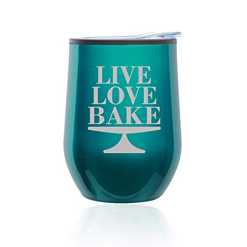 Stemless Wine Tumbler Coffee Travel Mug Glass With Lid Live Love Bake (Turquoise Teal)