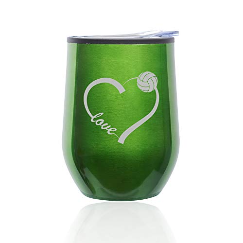 Stemless Wine Tumbler Coffee Travel Mug Glass With Lid Love Heart Volleyball (Green)