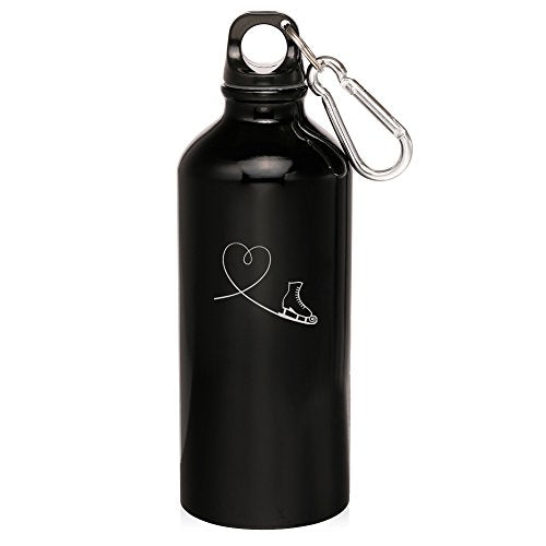 20oz Aluminum Sports Water Bottle Caribiner Clip Heart Love Ice Skating (Black)