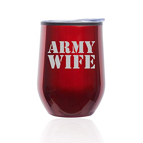 Stemless Wine Tumbler Coffee Travel Mug Glass With Lid Army Wife (Red)