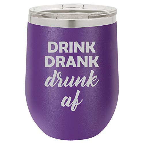 12 oz Double Wall Vacuum Insulated Stainless Steel Stemless Wine Tumbler Glass Coffee Travel Mug With Lid Drink Drank Drunk AF Funny (Purple)