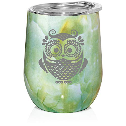 12 oz Double Wall Vacuum Insulated Stainless Steel Marble Stemless Wine Tumbler Glass Coffee Travel Mug With Lid Owl Vintage (Turquoise Green Marble)