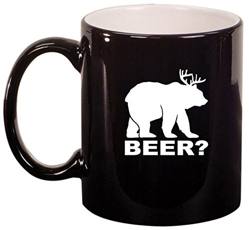 Ceramic Coffee Tea Mug Cup Deer + Bear = Beer Funny (Black)