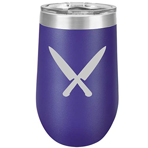 16 oz Double Wall Vacuum Insulated Stainless Steel Stemless Wine Tumbler Glass Coffee Travel Mug With Lid Chef Knives (Purple)