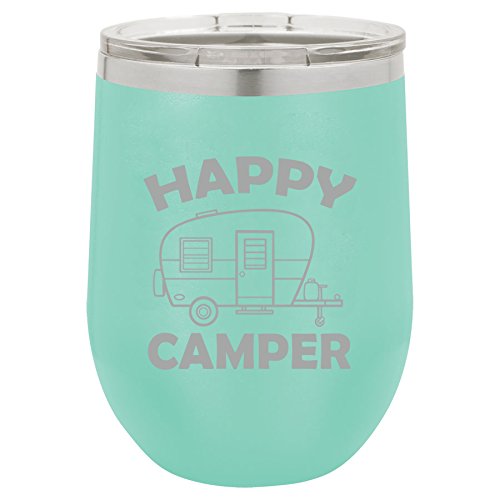 12 oz Double Wall Vacuum Insulated Stainless Steel Stemless Wine Tumbler Glass Coffee Travel Mug With Lid Happy Camper (Teal)