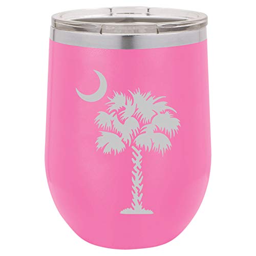 12 oz Double Wall Vacuum Insulated Stainless Steel Stemless Wine Tumbler Glass Coffee Travel Mug With Lid Palmetto Tree South Carolina Palm Moon (Hot-Pink)