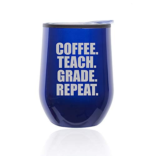 Stemless Wine Tumbler Coffee Travel Mug Glass With Lid Coffee Teach Grade Repeat Teacher