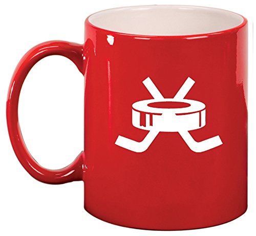 Ceramic Coffee Tea Mug Cup Hockey Puck with Sticks (Red)