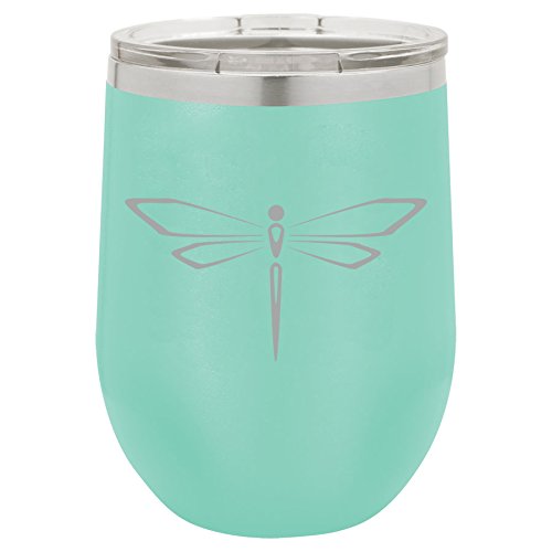 12 oz Double Wall Vacuum Insulated Stainless Steel Stemless Wine Tumbler Glass Coffee Travel Mug With Lid Dragonfly (Teal)