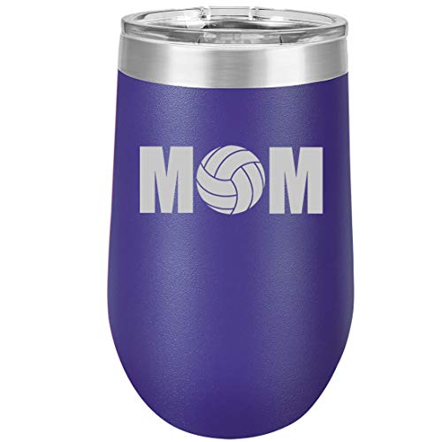 16 oz Double Wall Vacuum Insulated Stainless Steel Stemless Wine Tumbler Glass Coffee Travel Mug With Lid MOM Volleyball (Purple)