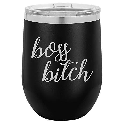 12 oz Double Wall Vacuum Insulated Stainless Steel Stemless Wine Tumbler Glass Coffee Travel Mug With Lid Boss Btch (Black)