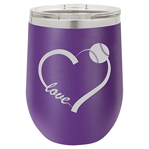 12 oz Double Wall Vacuum Insulated Stainless Steel Stemless Wine Tumbler Glass Coffee Travel Mug With Lid Love Heart Baseball Softball (Purple)