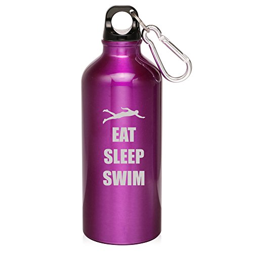 20oz Aluminum Sports Water Bottle Caribiner Clip Eat Sleep Swim Swimmer (Purple)