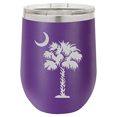 12 oz Double Wall Vacuum Insulated Stainless Steel Stemless Wine Tumbler Glass Coffee Travel Mug With Lid Palmetto Tree South Carolina Palm Moon (Purple)