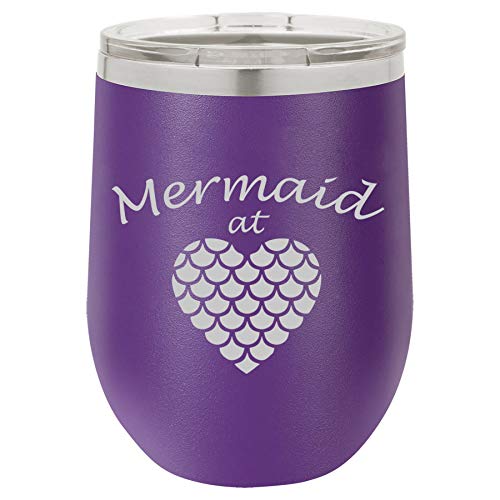 12 oz Double Wall Vacuum Insulated Stainless Steel Stemless Wine Tumbler Glass Coffee Travel Mug With Lid Mermaid At Heart (Purple)