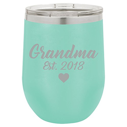 12 oz Double Wall Vacuum Insulated Stainless Steel Stemless Wine Tumbler Glass Coffee Travel Mug With Lid Grandma Est 2018 Grandmother (Teal)